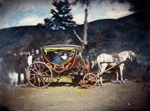 Une image contenant transport, charrette, peinture, Cheval et calèche Description générée automatiquement